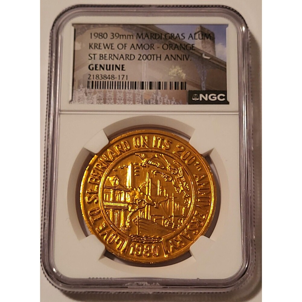 1980 Mardi Gras Medal Krewe of Amor - Orange St Bernard 200th Ann. Genuine NGC